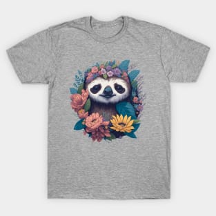 Cute Sloth face peeking out of flowers and foliage with flowers and foliage t-shirts and apparel, stickers, mugs, cases, pillow, water bottle T-Shirt